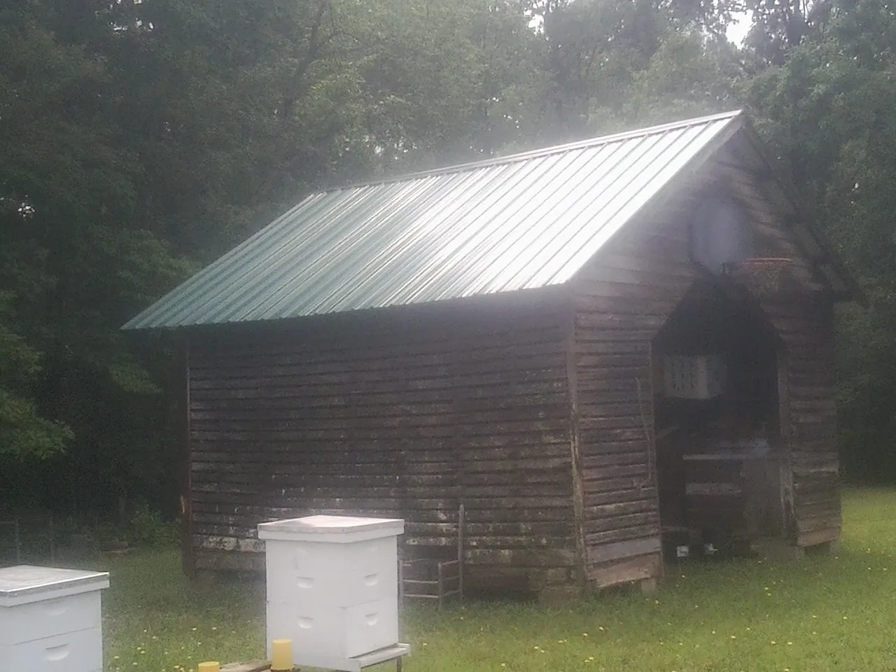 Green metal roof on a weathered barn beside stacked beehives in Apollo
